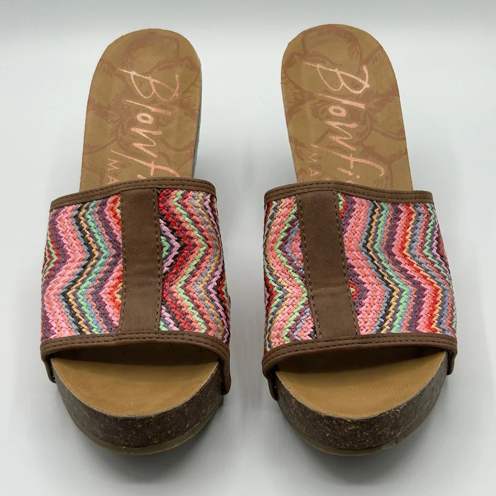 Blowfish Malibu B138 Multi Chevron Woven Cork Wedge Slide Sandals 8.5 Boho Retro